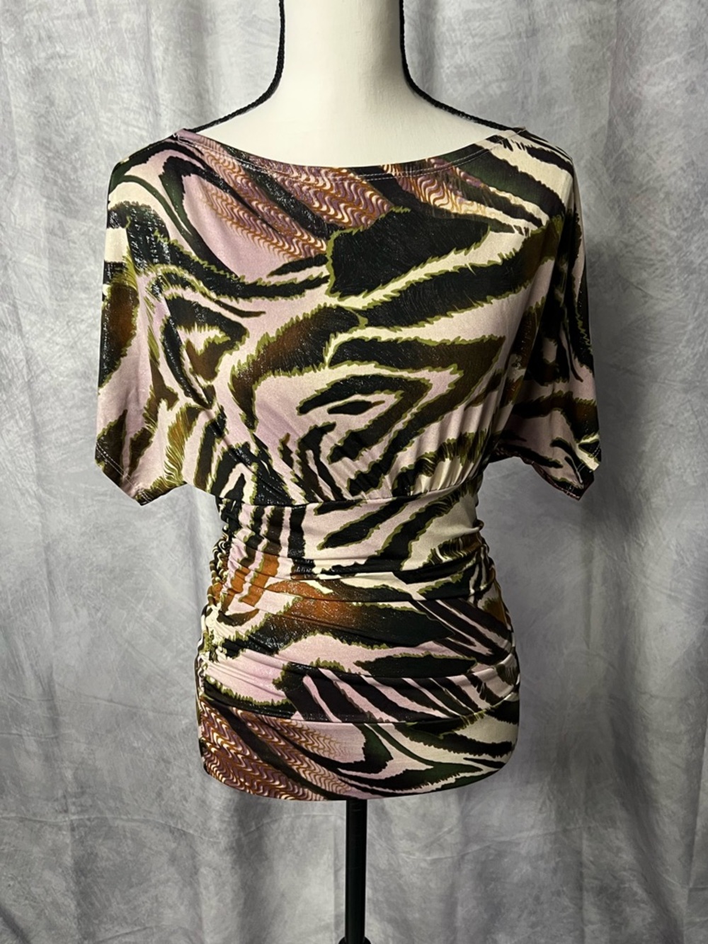 Moa Moa Multicolor Boat Neck Short Sleeve Glitter Zebra Animal Print Top
